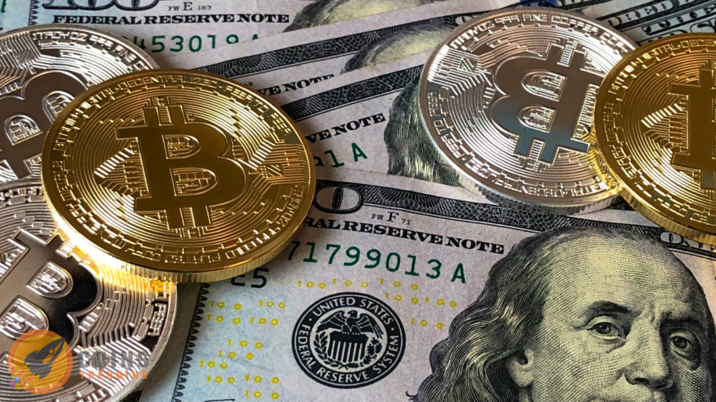 Bitcoin symbol with U.S. bills in the background, representing the connection between Bitcoin and the U.S. economy